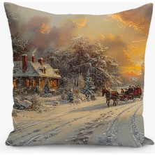 Filamente Çift Taraflı Dijital Baskı Kırlent Kılıfı Yılbaşı / Kış Manzarası / Christmas Desenli