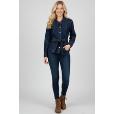 Manga Kadın Koyu Mavi Kemerli Kot Ceket M5253 Lacivert