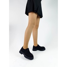 Gdt Ayakkabı Siyah Renk Süet Deri Bağcıklı Kalın Taban Kadın Loafer Ayakkabı