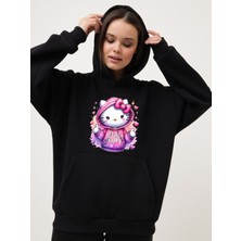 Makiteks Pamuklu Kadın Kapüşonlu Kanguru Cepli Oversize Sweatshirt Hoodie Hello