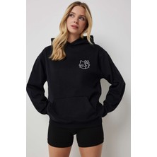 Makiteks Pamuklu Kadın Kapüşonlu Kanguru Cepli Oversize Sweatshirt Hoodie Small Kitty Face
