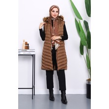 İmaj Butik Kahverengi Kapüşonlu Uzun Şişme Yelek