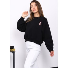İmaj Butik Siyah Bisiklet Yaka Nakışlı Üç İplik Kısa Oversize Sweat