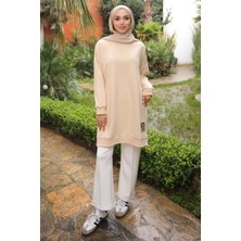 İmaj Butik Krem Bisiklet Yaka Armalı Tunik