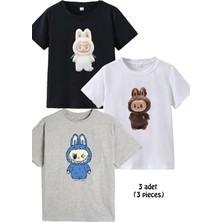Makiteks 3lü Pamuk Penye Kız Erkek Unisex Çocuk Baskılı Tshirt Tişört 5 6 7 8 9 10 11 12 13 14 Yaş Labubu
