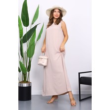 İmaj Butik Bej Sıfır Kol Ayrobin Tesettür İçlik Elbise