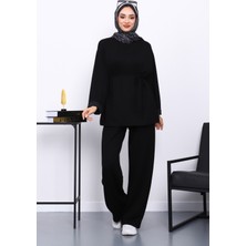 İmaj Butik Siyah Belden Bağlamalı Pantolon Cepli Modal Takım