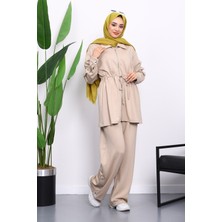 İmaj Butik Bej Çıtçıt Detaylı Tunik Pantolonlu Modal Takım