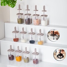 1100 Kaydırmalı Kaşıklı Sızdırmaz Kapaklı Etiketli 12'li Baharatlık Seti Saklama Kabı Şeffaf Cappuccino