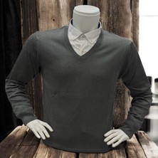 Eren Style Uzun Kollu Gri V Yaka Kazak (Unisex)