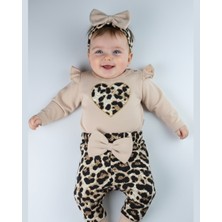 Asliva Bebek Takımı Kız Bebek Leopar Desenli Fiyonklu Bandanalı 0-12 Ay Bej/gül Kurusu