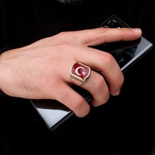 Takı925 Kırmızı Mineli Ayyıldız Model 925 Ayar Gümüş Erkek Yüzük