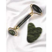 Taşmir Gerçek Doğal Yeşim Doğal Taş 2'li Set Face Roller + Gua Sha Masaj Taşı
