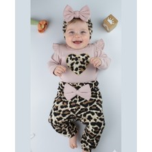 Asliva Bebek Takımı Kız Bebek Leopar Desenli Fiyonklu Bandanalı 0-12 Ay Bej/gül Kurusu