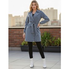 M&Ç Boutique Kadın Mavi Denim Kuşaklı Çift Düğmeli Şık Trençkot