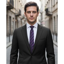 1001 Kravat Siyah Çizgili 7,5 cm Genişliğinde Mor Ipek Kravat