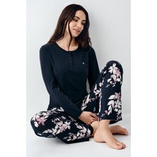 Pierre Cardin Kadın Lacivert Baskılı Pijama Takımı Çift Cepli Pamuklu Kışlık Konfor