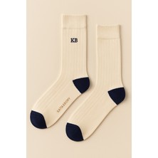 Erkek Çizgili Nakışlı Soket Çorap Ekru