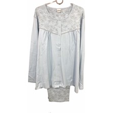 Nena Kadın Uzun Kollu Önden Açık Robalı Ultura Battal % 100 Pamuk Pijama TAKIMI-14952