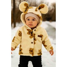 Ayıcık Baskılı Kulaklı Kuzu Welsoft Çocuk Bebek Hırka Yumuşacık Doku