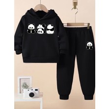 Kids Face Özel Tasarım Kapüşonlu Şımarık Pandalar Baskılı %100 Pamuk Kışlık Erkek Çocuk Eşofman Takımı
