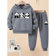 Kids Face Özel Tasarım Kapüşonlu Şımarık Pandalar Baskılı %100 Pamuk Kışlık Erkek Çocuk Eşofman Takımı