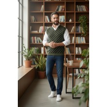 Kamalı Erkek Çelik Örgü Ekose Desenli Kışlık Kalın Triko V Yaka Triko Örgü Tüylenmez Baba Süveter Regular