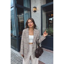 Sue Store Bej Kırmızı Ekoseli Astarlı Ceket