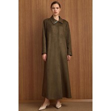 Olcay Devrik Yaka Taş Detaylı Süet Görünümlü Büyük Beden Pardesü K.haki 6795