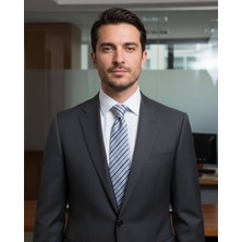 1001 Kravat Gri Beyaz Lacivert Çizgili 7,5 cm Genişliğinde Ipek Kravat