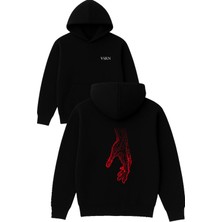 Kırmızı El Tasarım Baskılı Oversize Siyah Kapüşonlu Sweatshirt