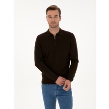 Cacharel Erkek Kahverengi Regular Fit Yün Karışımlı Fermuarlı Polo Yaka Basic Triko Kazak 50315297-VR029