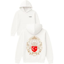 Osmanlı Tasarım Baskılı Oversize Beyaz Kapüşonlu Sweatshirt
