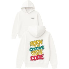 Born To Be Tasarım Baskılı Oversize Beyaz Kapüşonlu Sweatshirt