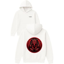 Kırmızı Ejderha Tasarım Baskılı Oversize Beyaz Kapüşonlu Sweatshirt