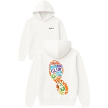 Runnıng Club Tasarım Baskılı Oversize Beyaz Kapüşonlu Sweatshirt