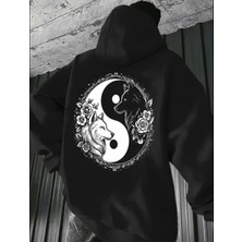 Amor Man Büyük Beden Özel Tasarım Kapüşonlu Ying-Yang Çift Kurt Sırt Baskılı Hip Hop Erkek Sweatshırt