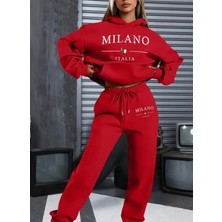 Amor Face Büyük Beden Özel Tasarım Kapüşonlu Milano Baskılı %100 Pamuk Kışlık Modern Kadın Eşofman Takımı