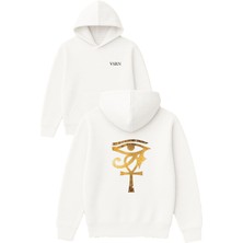 Sade Altın Ra Tasarım Baskılı Oversize Beyaz Kapüşonlu Sweatshirt