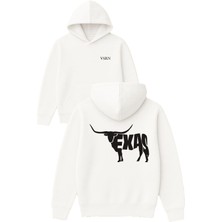 Texas Boğa Tasarım Baskılı Oversize Beyaz Kapüşonlu Sweatshirt