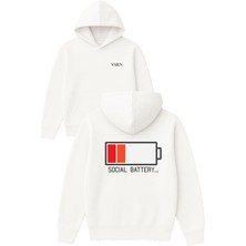 Social Batery Tasarım Baskılı Oversize Beyaz Kapüşonlu Sweatshirt