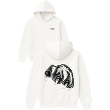 Ayı Pençesi Tasarım Baskılı Oversize Beyaz Kapüşonlu Sweatshirt