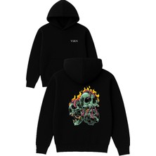Yanan Kurukafalar Tasarım Baskılı Oversize Siyah Kapüşonlu Sweatshirt