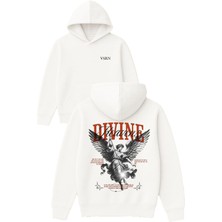 Dıvıne Tasarım Baskılı Oversize Beyaz Kapüşonlu Sweatshirt