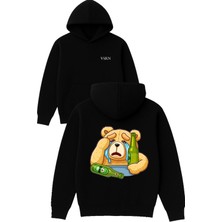 Bear Cry Tasarım Baskılı Oversize Siyah Kapüşonlu Sweatshirt