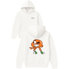 El Isaretlı Balık Tasarım Baskılı Oversize Beyaz Kapüşonlu Sweatshirt