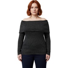 Ersefa Kadın Ekru Simli Fitilli Triko Bluz Carmen Yaka Omzu Açık Regular Boy Uzun Kollu Casual Tarz