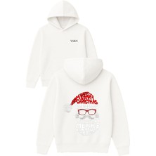 Noel Kafa Tasarım Baskılı Oversize Beyaz Kapüşonlu Sweatshirt