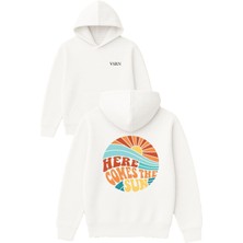 Here Comes The Tasarım Baskılı Oversize Beyaz Kapüşonlu Sweatshirt