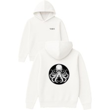 Ahtapot 8 Kollu Tasarım Baskılı Oversize Beyaz Kapüşonlu Sweatshirt